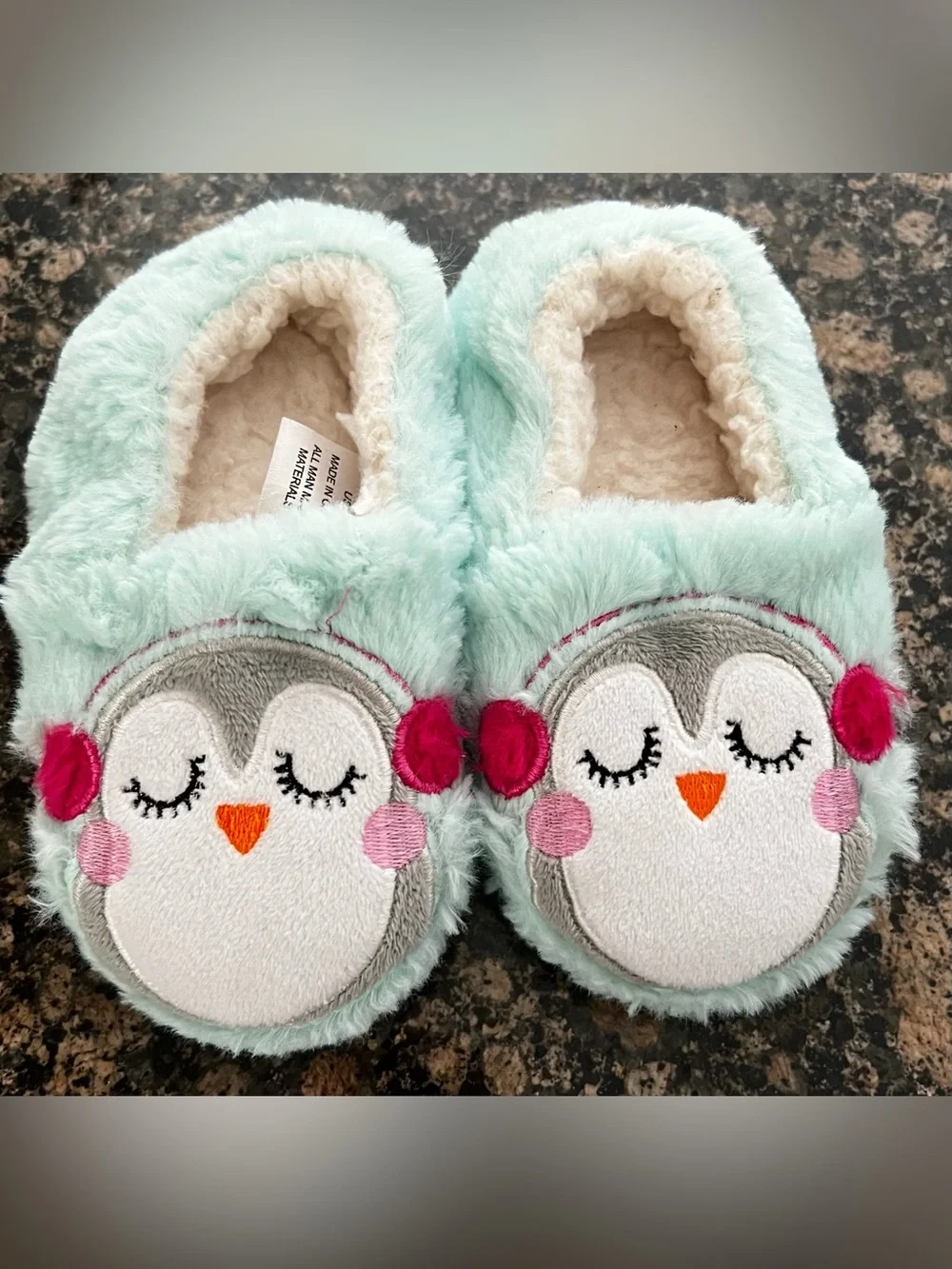 Girls Mint‎ Green Faux Fur Penguin Earmuff Slippers House Shoes Size 8